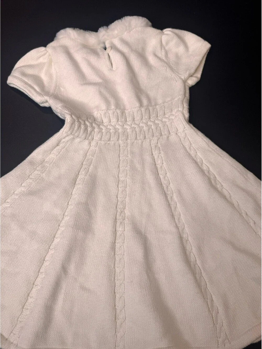 Gymboree Cable Knit Sweater Dress Ivory Girls Sz 4 Fur collar cap sleeve